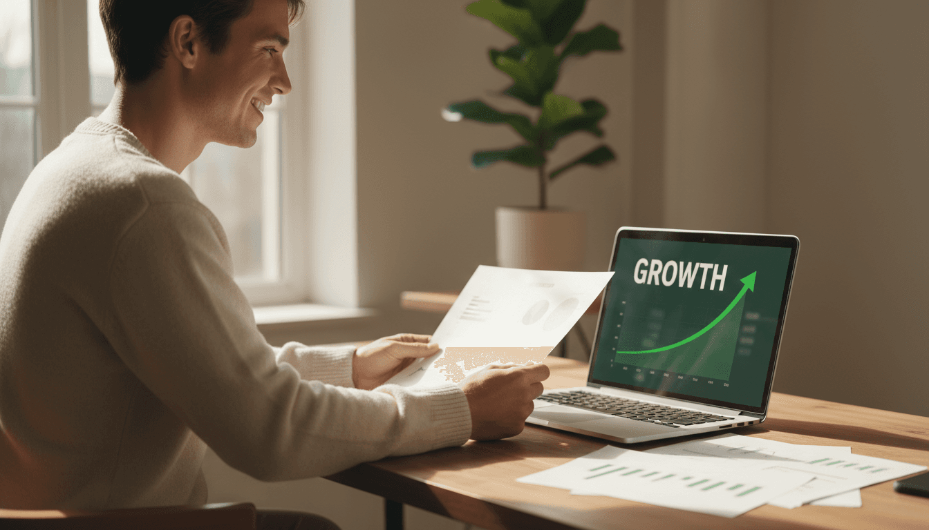 Person reviewing credit improvement documents at home desk with confident expression