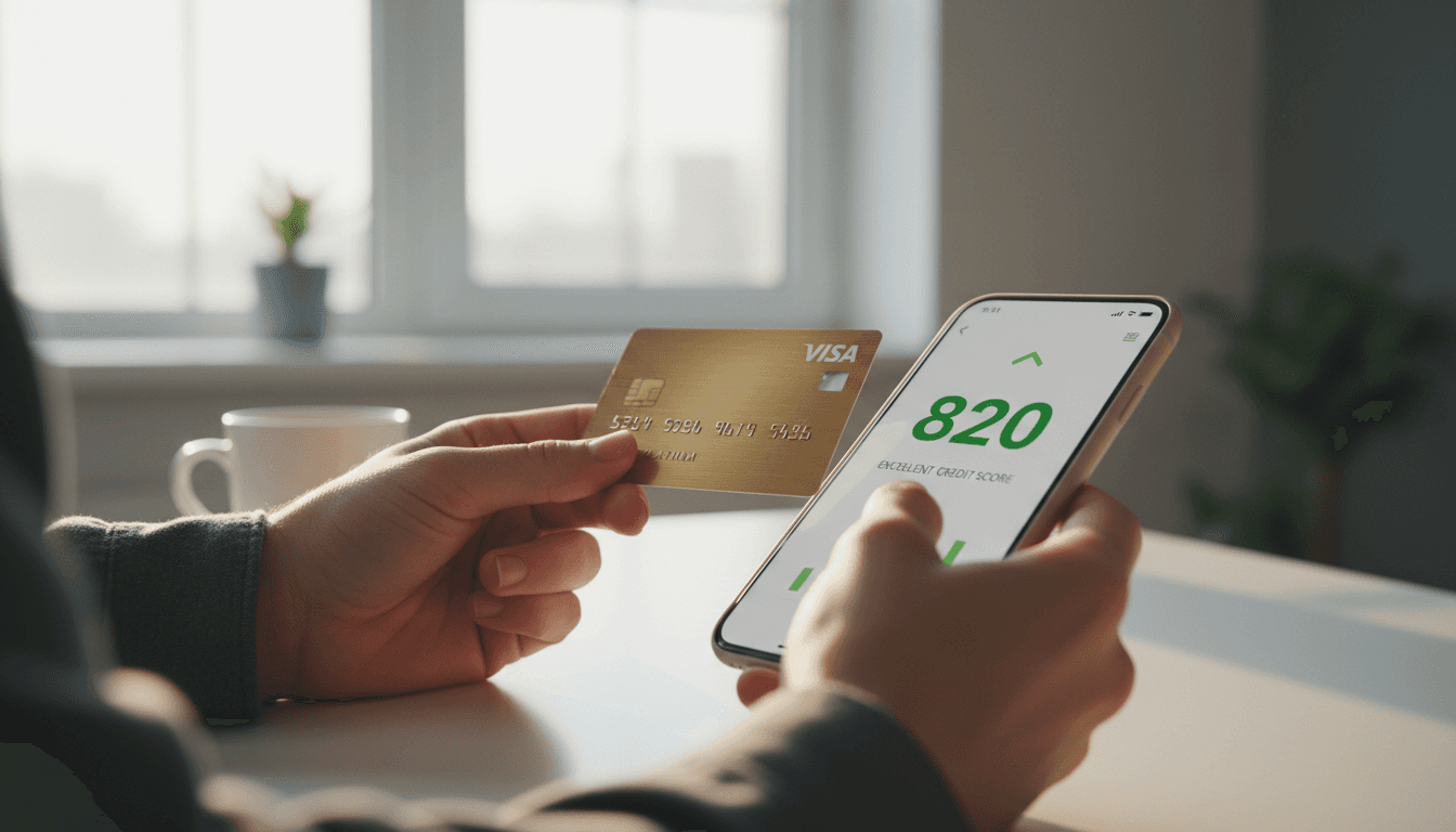 Credit card and smartphone showing improved credit score